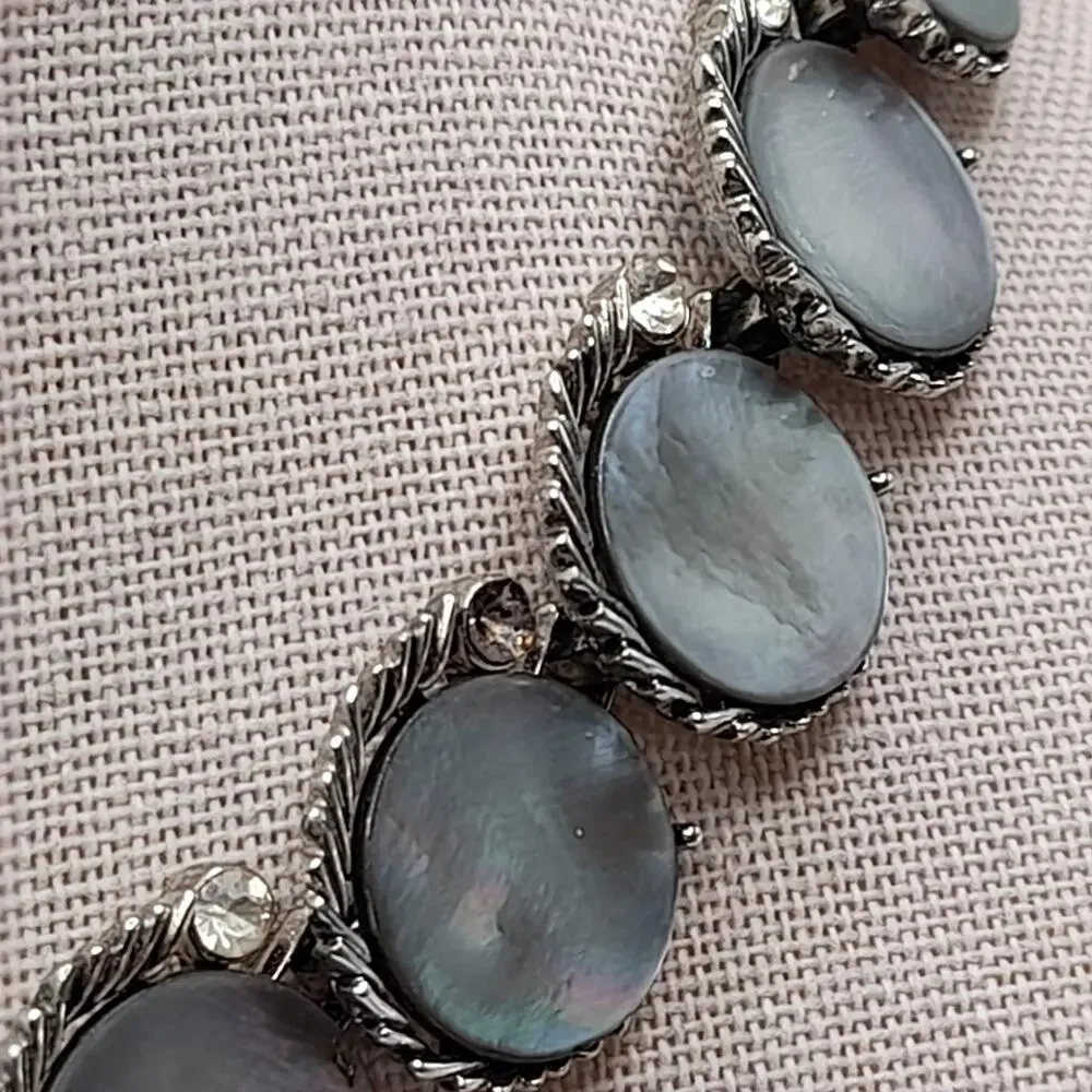 Vintage Lisner Mother of Pearl Necklace Bracelet Set, 1960s Rhinestone Jewelry